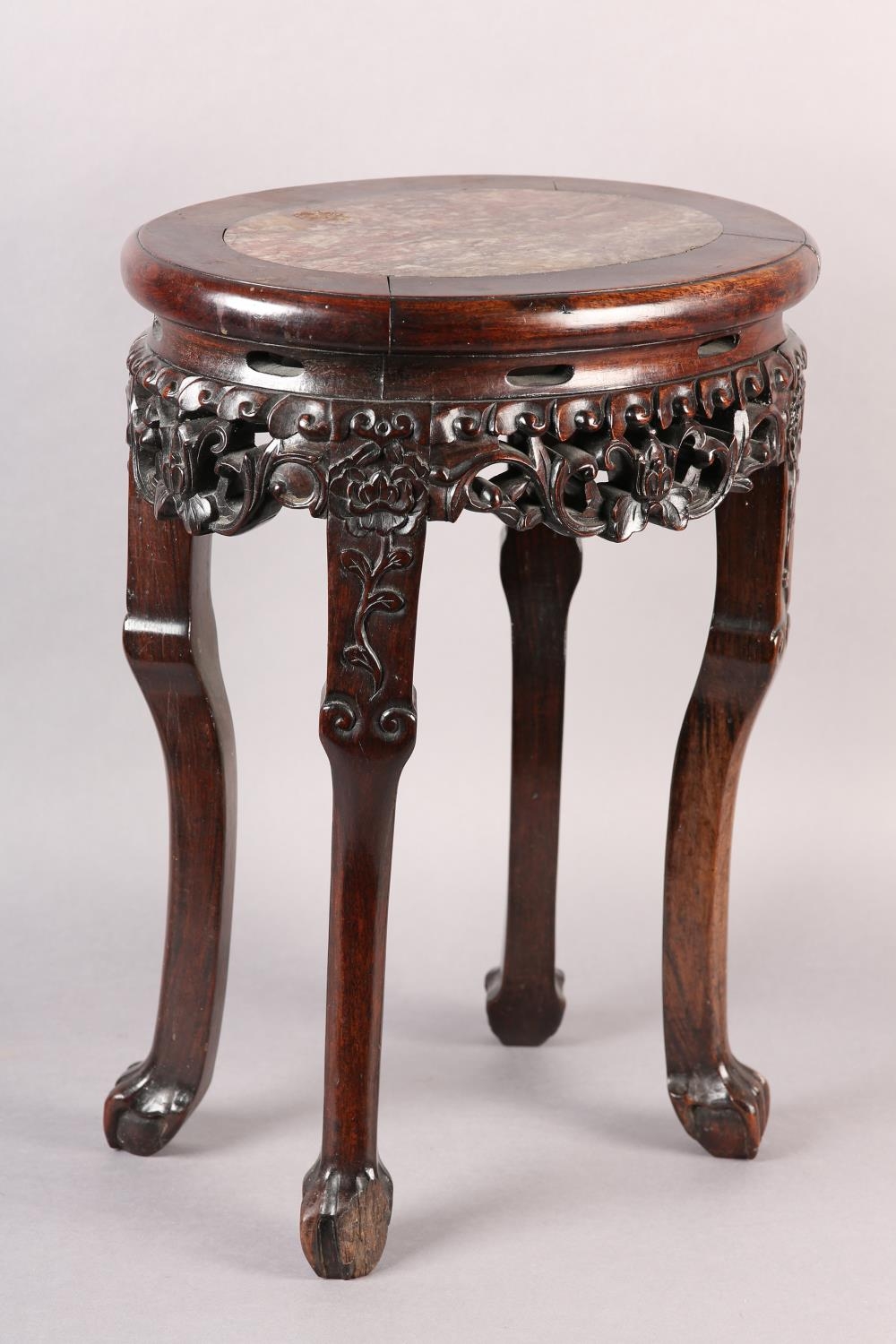 A 19th century Chinese hardwood and marble inset urn stand, of oval outline, the apron pierced and - Image 2 of 5
