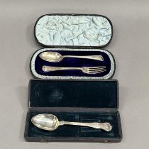 A boxed pair of Victorian spoon and fork, London 1892 for Robert Stebbings in beaded Hanoverian