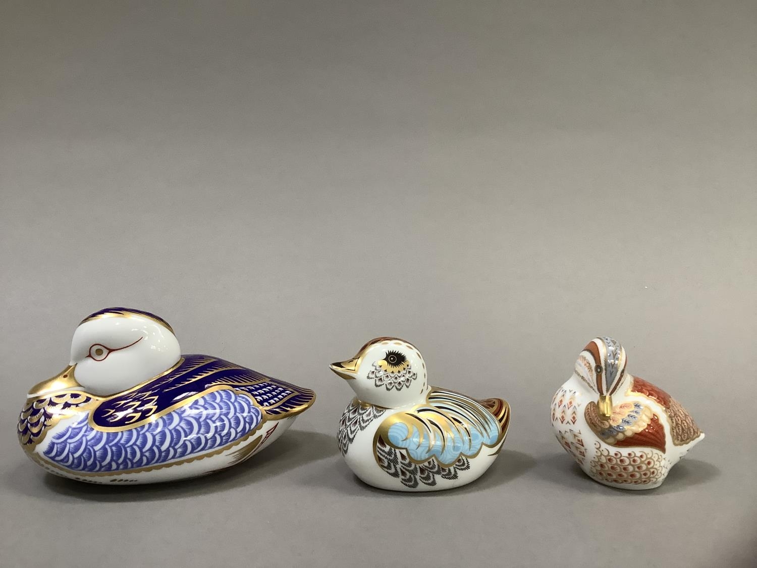 A Royal Crown Derby duck, silver button, collectors guild duckling with gold button and a teal