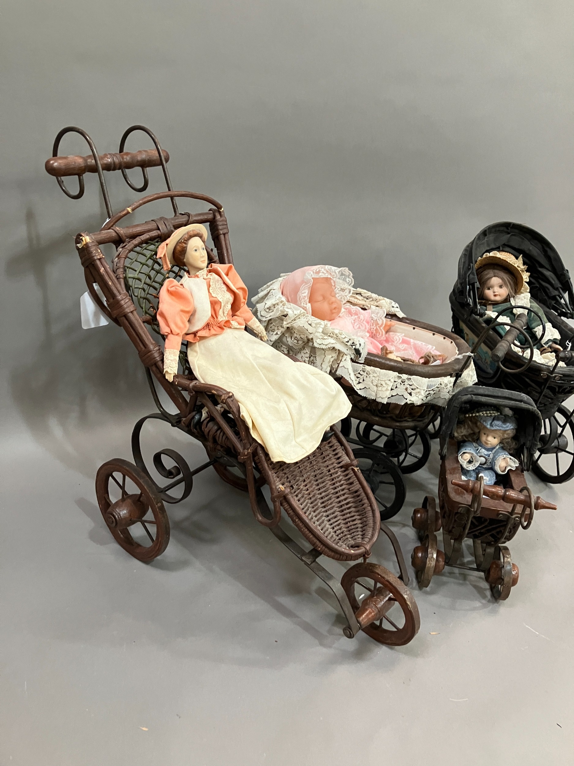 Three Victorian style prams of graduated size together with a Victorian style child's open chair and - Image 2 of 4