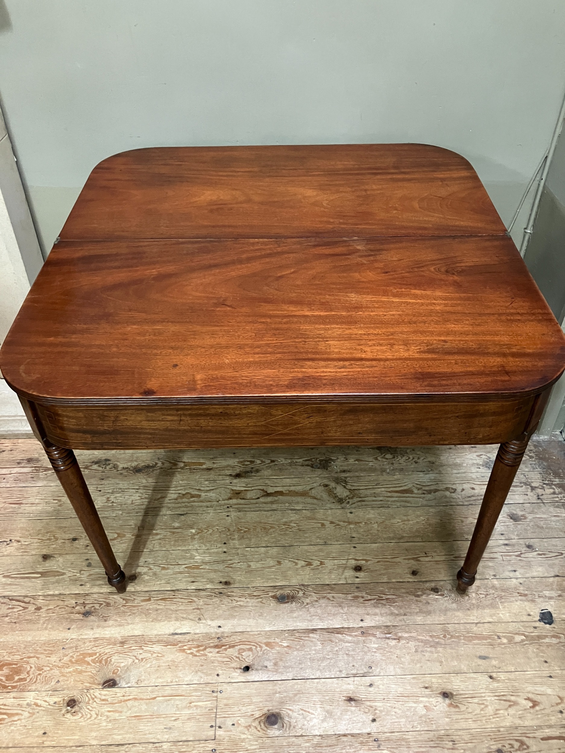 A 19th century mahogany tea table, rectangular having a fold over top with boxwood inlay to the - Image 5 of 5
