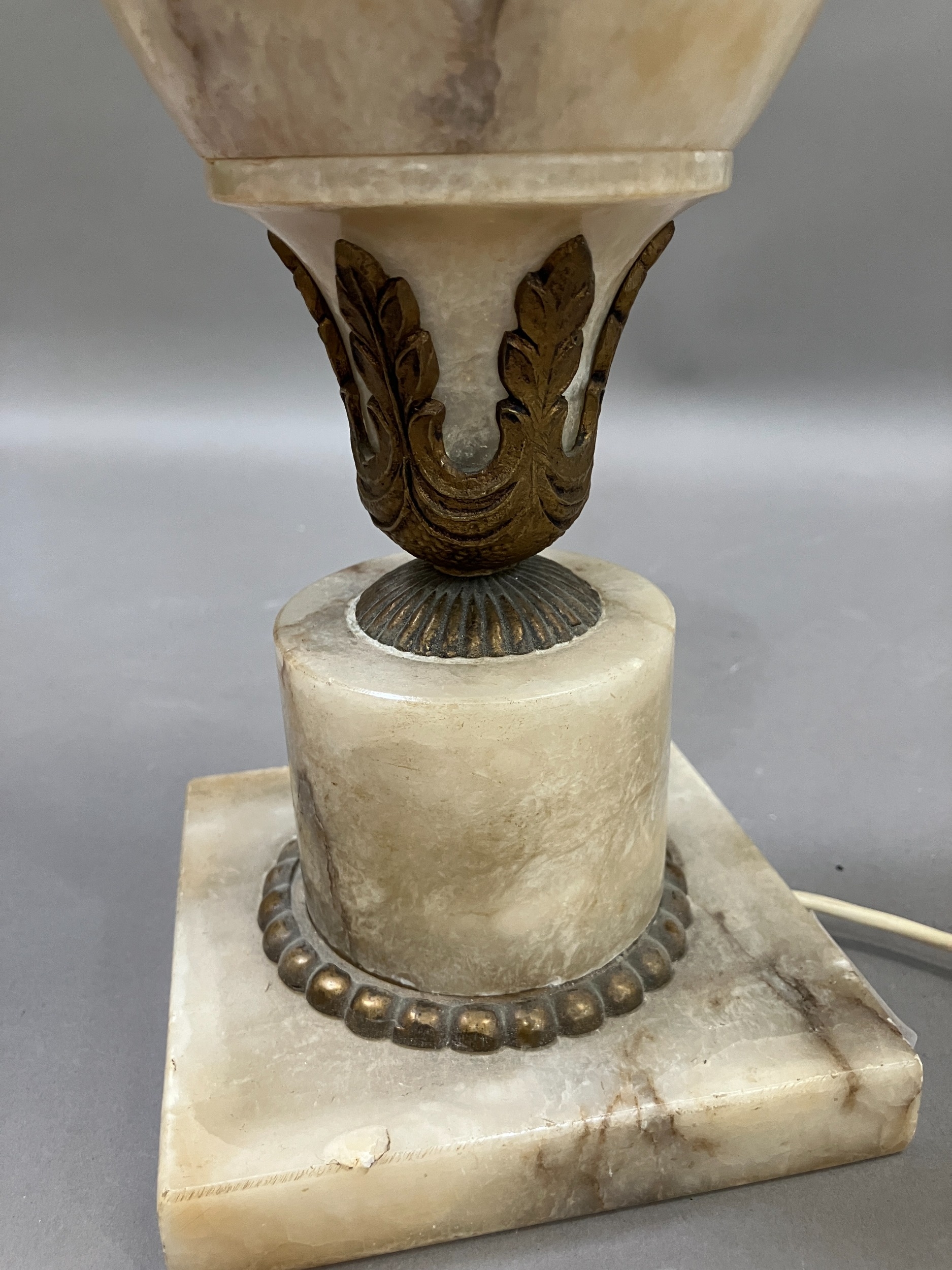 A gilt metal mounted alabaster table lamp of urn form on a square base, complete with shade, 42. - Image 4 of 4