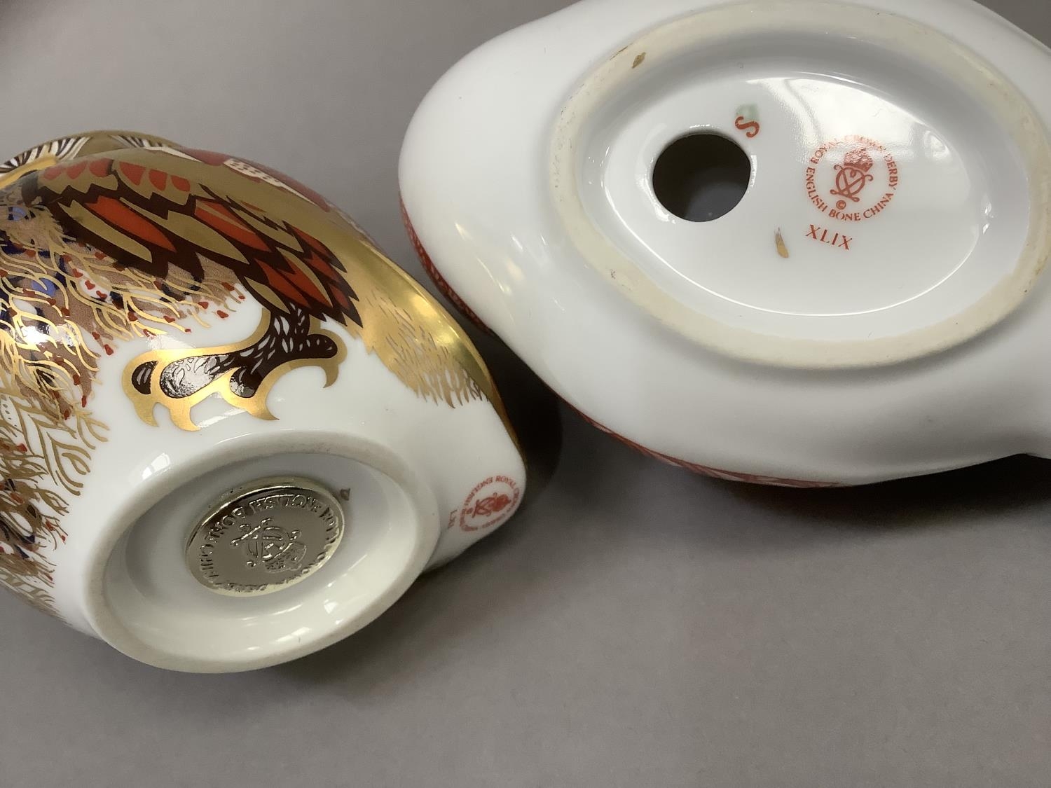 A Royal Crown Derby owl and pheasant paperweight, gold button to one, 8cm and 6.5cm high - Image 4 of 5