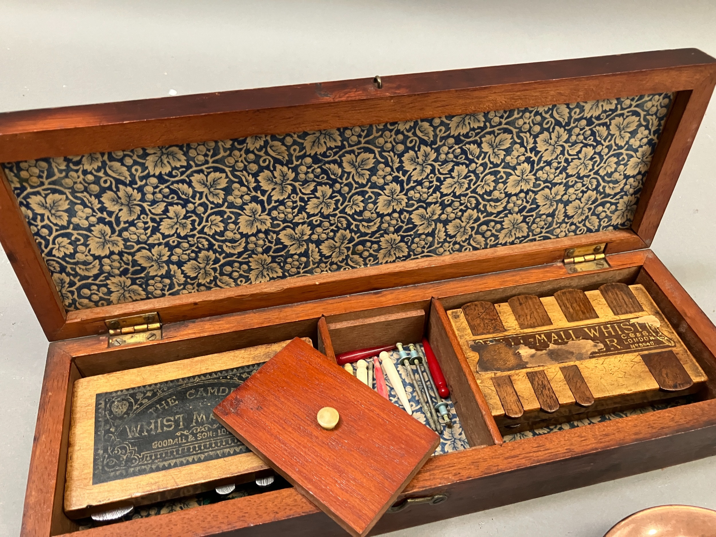 An early 20th century games box with inlaid cover, interior with four whist markers together with - Image 3 of 4