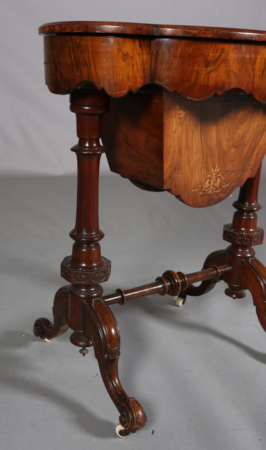 A Victorian figured walnut work table of quatrefoil outline, quarter veneered with central panel, - Image 3 of 7