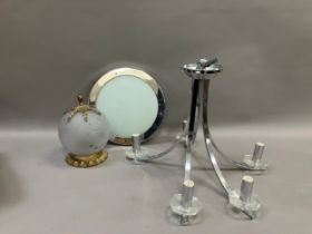 A five armed chrome electrolier, a chrome and smoked glass ceiling light and an etched and gilt