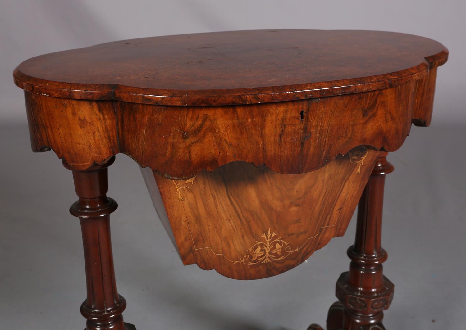 A Victorian figured walnut work table of quatrefoil outline, quarter veneered with central panel, - Image 2 of 7