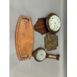 A copper and oak galleried tray, mahogany wall clock, an oak barometer (at fault), a tile wall clock