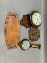 A copper and oak galleried tray, mahogany wall clock, an oak barometer (at fault), a tile wall clock