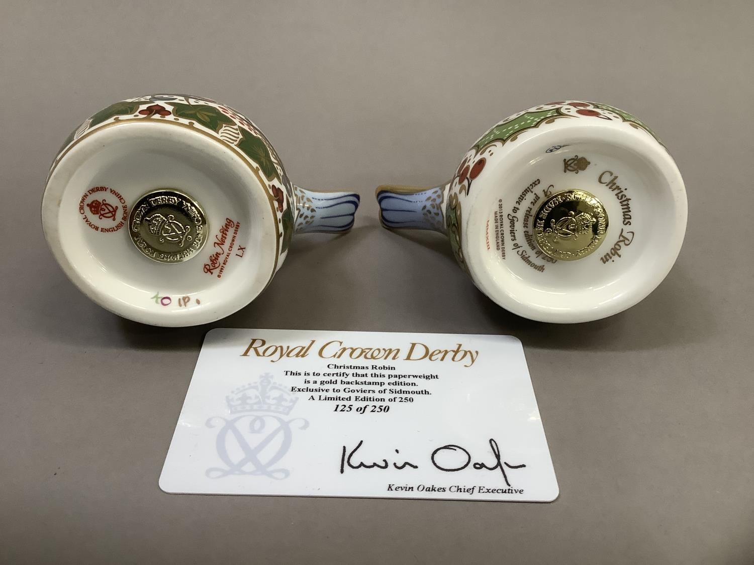 Two Royal Crown Derby Christmas robins, one a pre-release edition of 250 exclusive to Goviers of - Image 5 of 5
