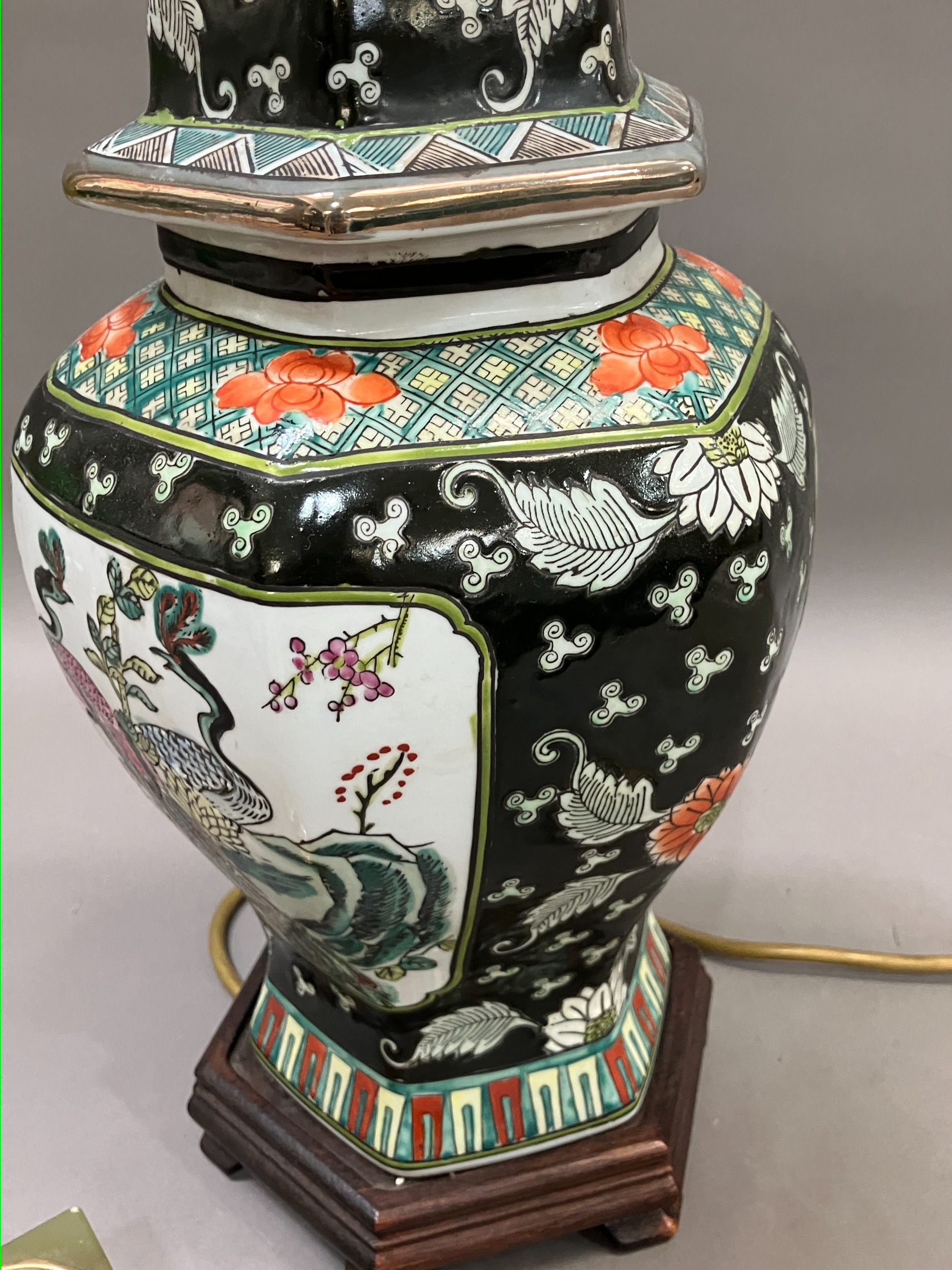 A Chinese famille noir vase and cover converted to a table lamp having peacock filled cartouches, - Image 2 of 4