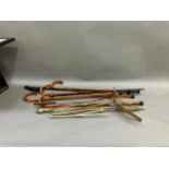 A collection of five walking sticks, one walking pole and a brass fire poker, together with trolley,