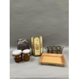 A gilt and floral painted screen, bamboo tray, wicker bottle holders and a pair of bongo drumsin a