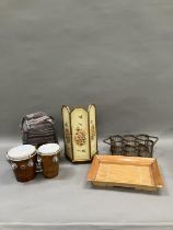 A gilt and floral painted screen, bamboo tray, wicker bottle holders and a pair of bongo drumsin a