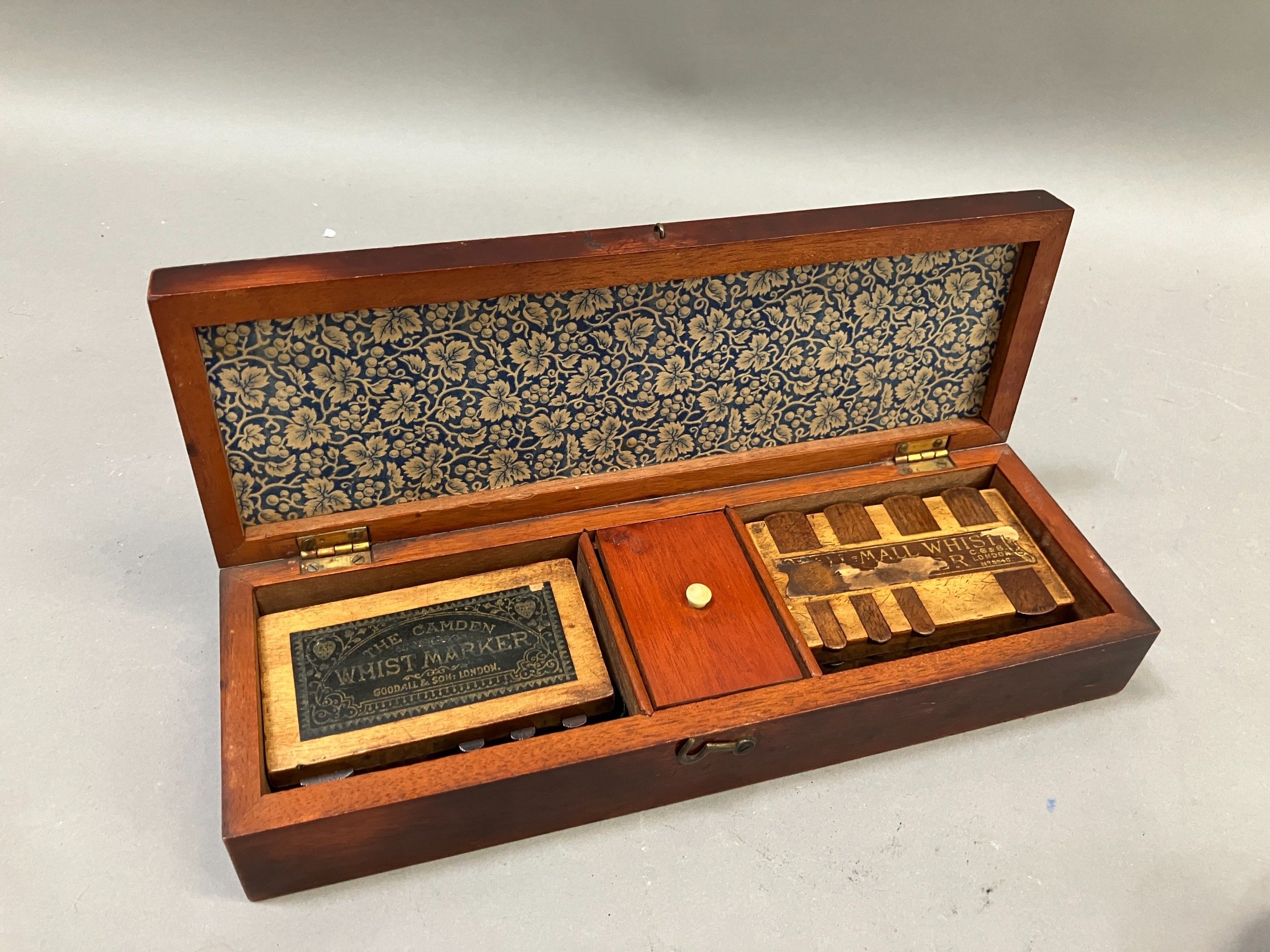 An early 20th century games box with inlaid cover, interior with four whist markers together with - Image 2 of 4