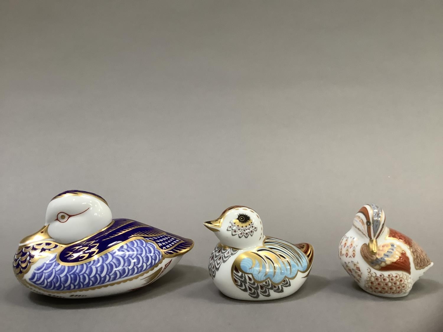 A Royal Crown Derby duck, silver button, collectors guild duckling with gold button and a teal - Image 2 of 5