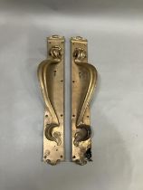 A large pair of brass door handles with keyholes, registered number 553395, 53cm x 7.5cm