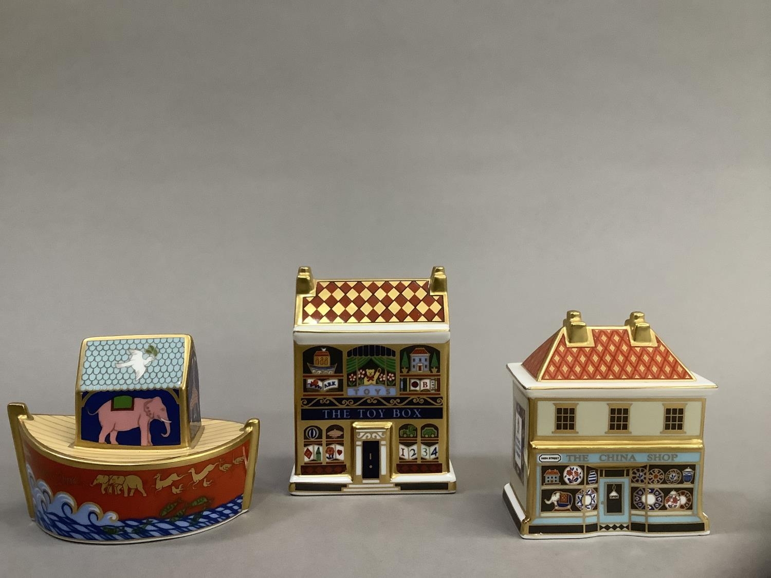 A Royal Crown Derby model 'The China Shop' 8.5cm high, 'The Toy Box' 10cm high and 'Miller's Ark' - Image 2 of 8