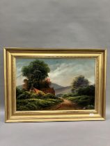 Late 19th/early 20th century English School cottage by a country lane, oil on board, unsigned,