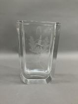 An Orrefors glass vase etched with Romeo and Juliet signed by Nils Landberg, 21cm high