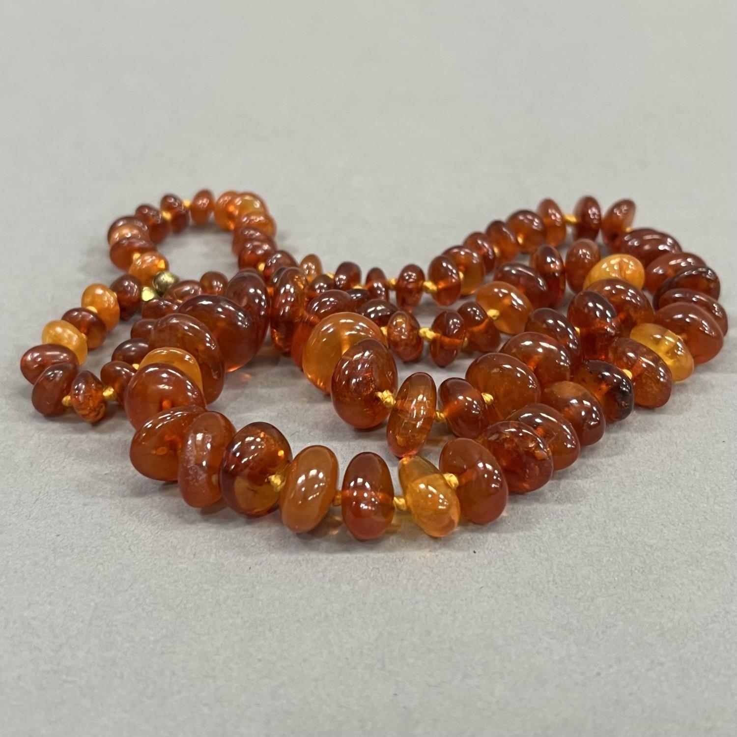 A necklace of graduated roughly oval Baltic amber beads fastened with a rolled gold bolt ring, - Image 2 of 2