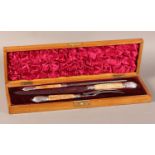 A late Victorian silver mounted antler handle carving set by F T Depree, Silversmith, Exeter