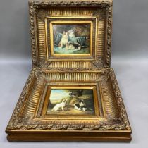 Two prints of kittens and dogs with parrot in gilt frames measuring 29cm x 24cm