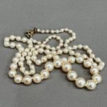 A cultured pearl choker necklace circa 1950 with white gold, diamond and pearl set cluster snap in