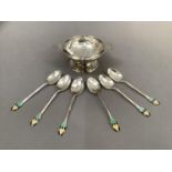 Silver tea strainer and dish stand, Birmingham 1926, 2oz, a set of six silver and enamelled coffee