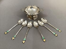 Silver tea strainer and dish stand, Birmingham 1926, 2oz, a set of six silver and enamelled coffee
