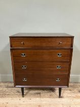 A 1960s Beautility dark teak veneer chest of four heights with gilt metal handles and on ebonised