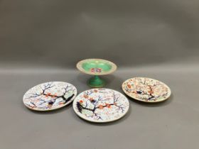 Three Royal Crown Derby plates, underglaze blue, iron red and green enamel with birds perched in a