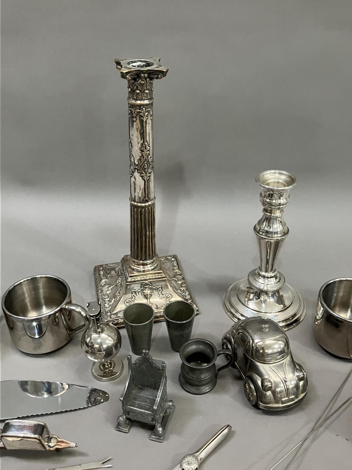 A moulded silver plate on copper candlestick, another silver plate candlestick, two pairs of - Image 2 of 2