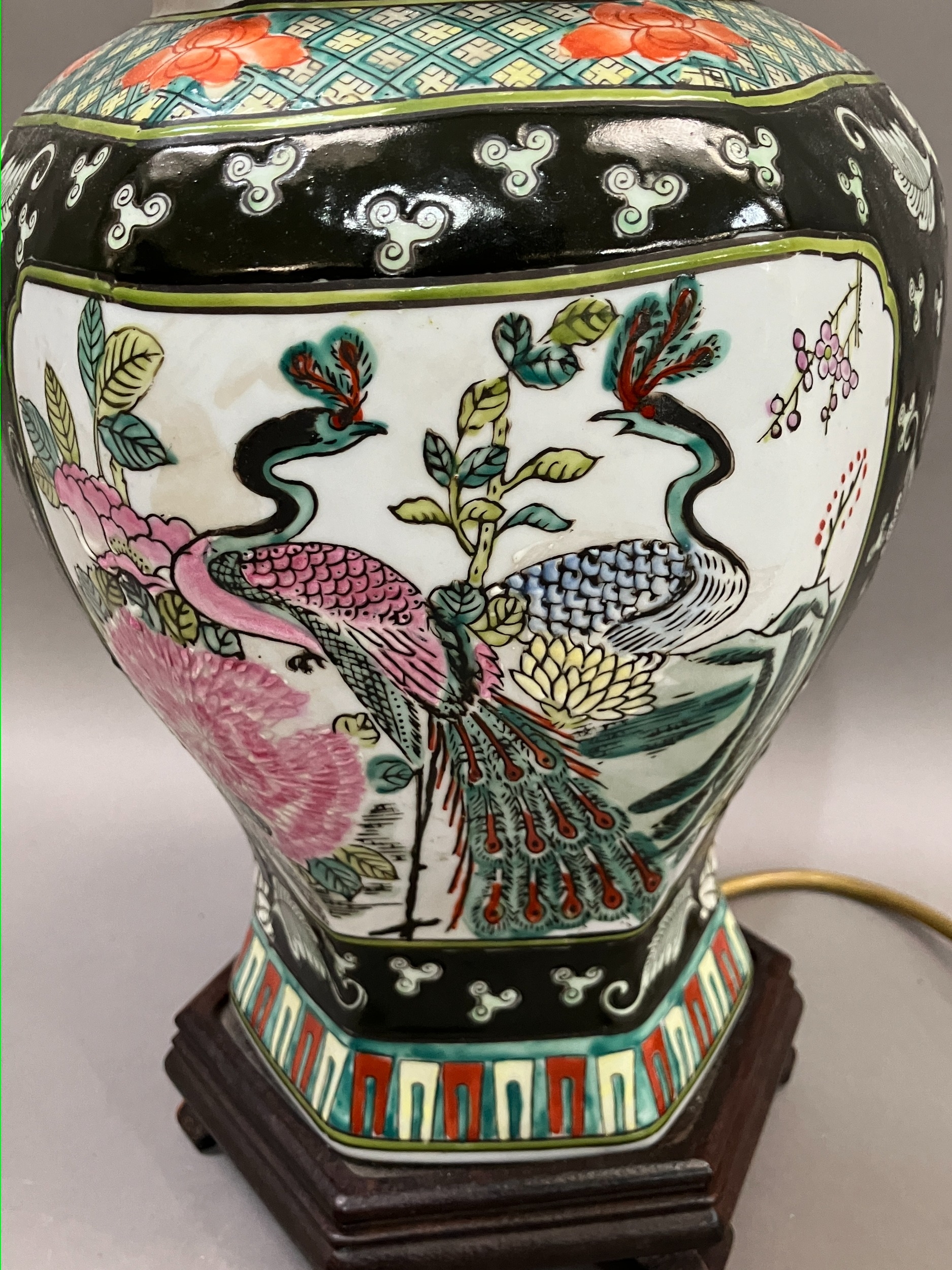 A Chinese famille noir vase and cover converted to a table lamp having peacock filled cartouches, - Image 3 of 4