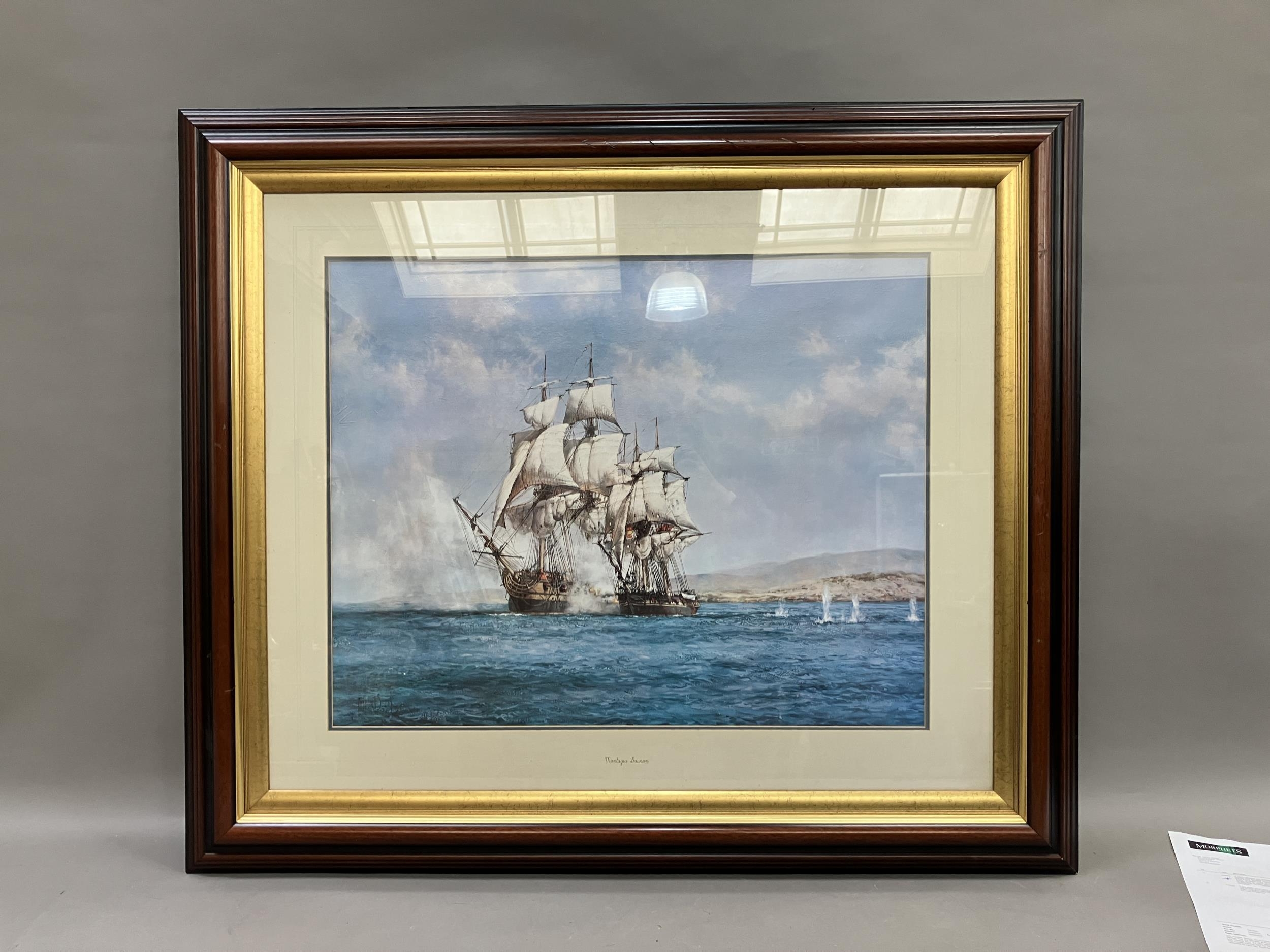 After Montagu Dawson, colour print, Naval Engagement Off The Coast, overall with frame 97cm x 103cm