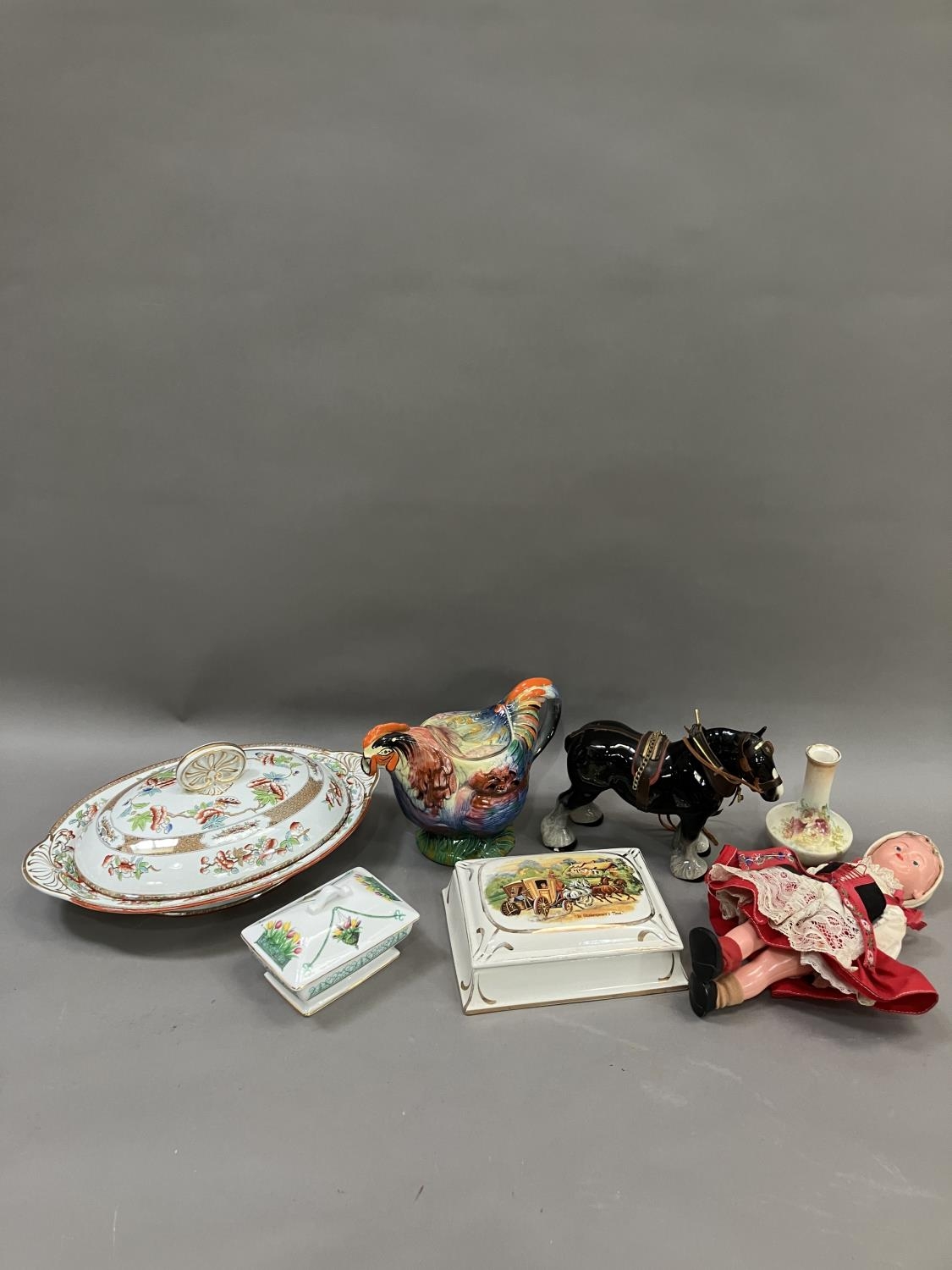 A collection of ceramics including a lidded tureen, a japanned lidded tureen, commemorative box