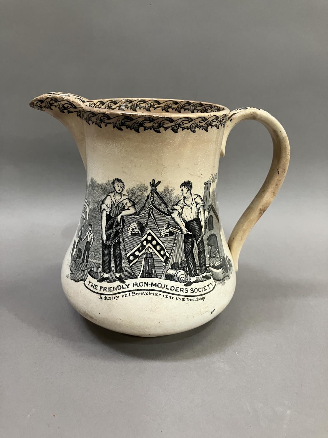 A 19th century pottery jug transfer printed with the Friendly Iron Moulders Society, figures and - Image 2 of 4