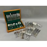 A suite of silver plated king's pattern cutlery including six dinner knives, seven dinner forks, ten