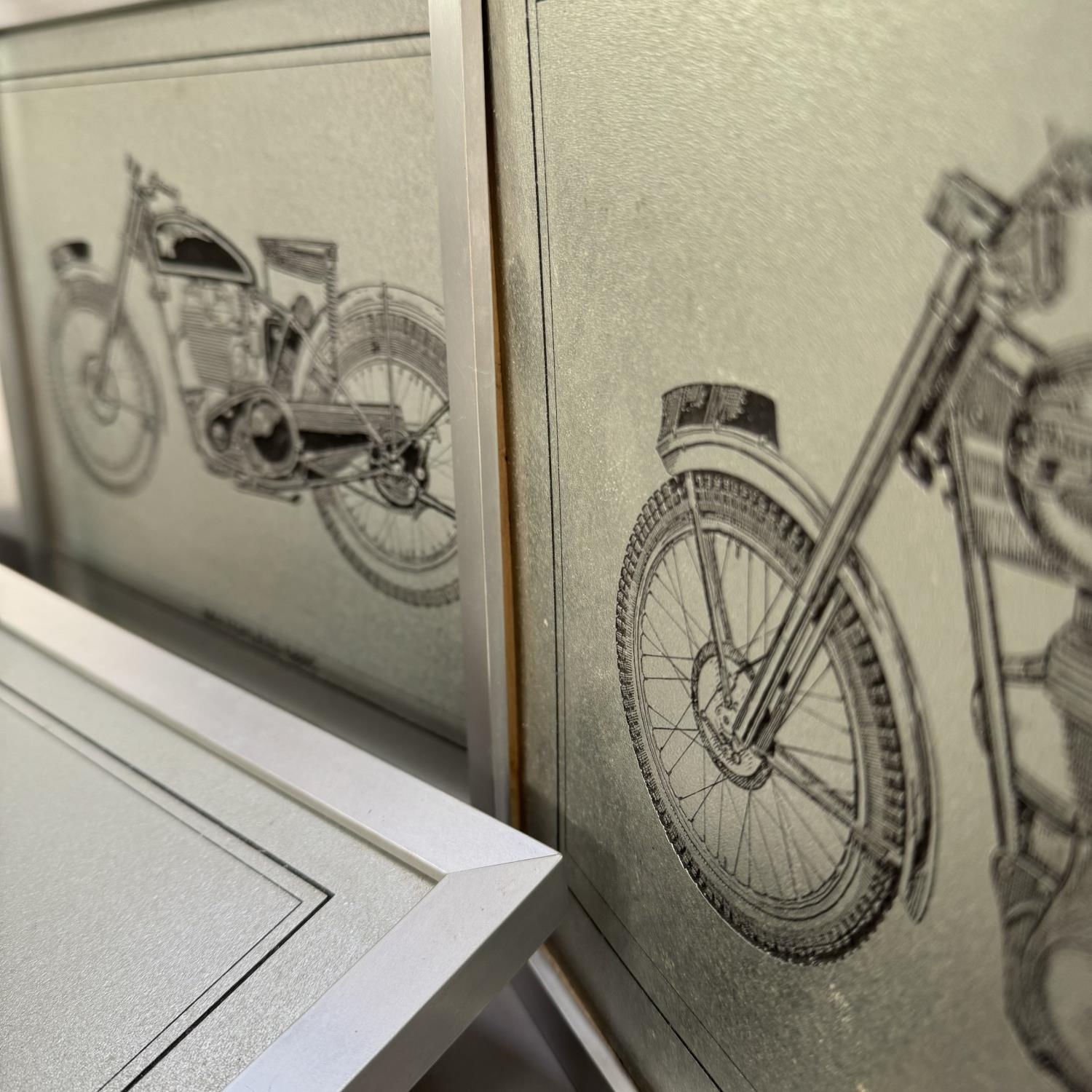 A set of six studies of British motorcycles, etched on a silvered surface including Royal Enfield - Image 2 of 2