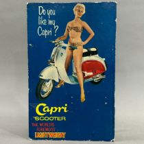 A 1960s Capri scooter cardboard advertising, printed in colour with a bikini clad girl and