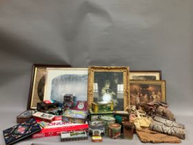 A collection of vintage tins, vintage board games including Cluedo, a book trough and a collection