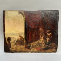 A 19th century Turkish scene of a dignitary and companion with attendants on a tented terrace