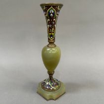 A 19th century French champlevé bronze and onyx vase of baluster outline on square plinth, 16.5cm