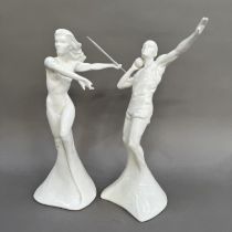 A pair of Coalport white china figures from the Sporting Elements range, The Power Throw and the