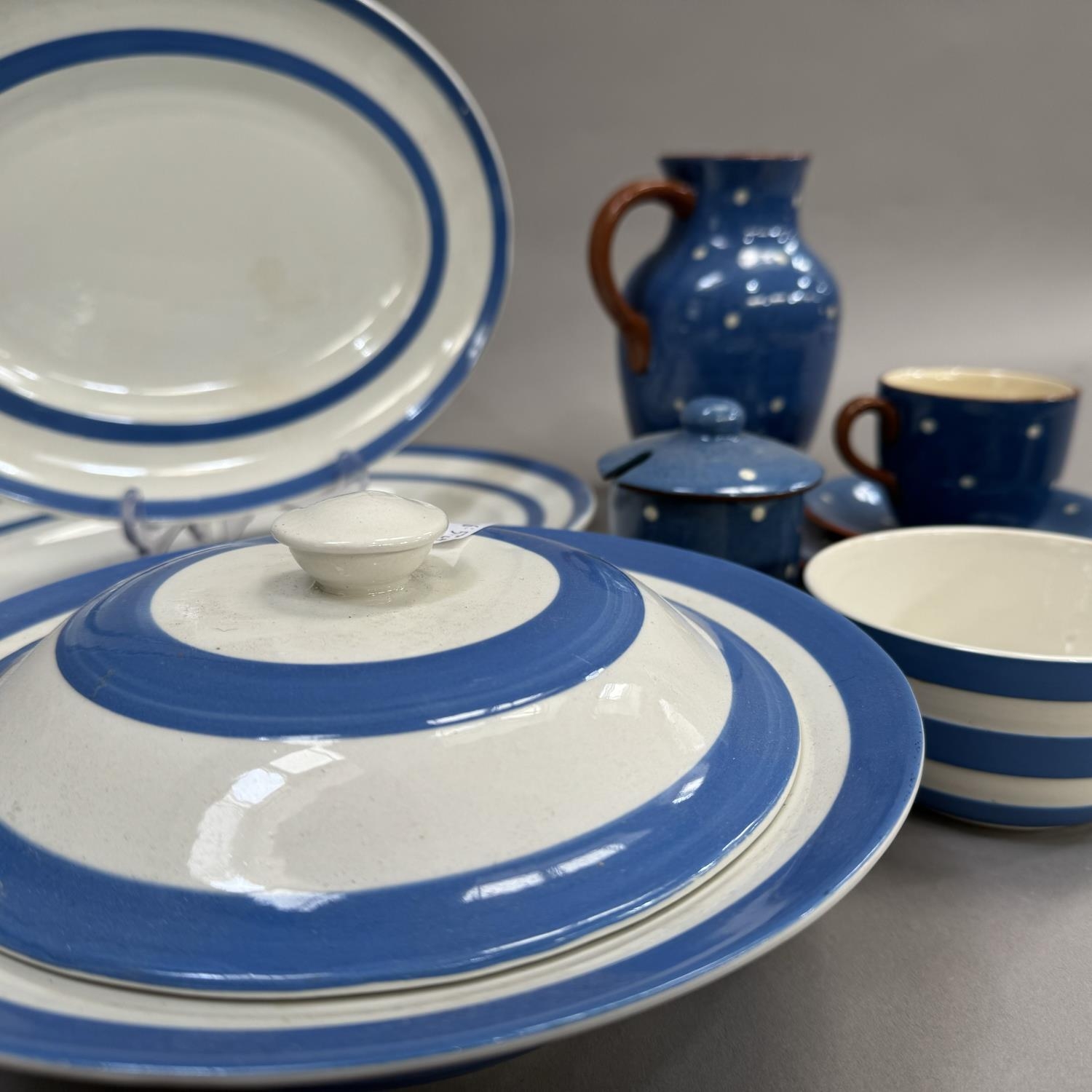 A Dartmouth Pottery cup and saucer, tea plate, lidded preserve pot, cream jug, mustard pot and large - Image 3 of 3