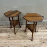 A pair of hexagonal walnut occasional tables with triangular under tier and apron, on square legs