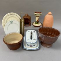 A salt glaze jelly mould, a brown glaze pottery bowl, a Losel ware cheese dish and cover, a