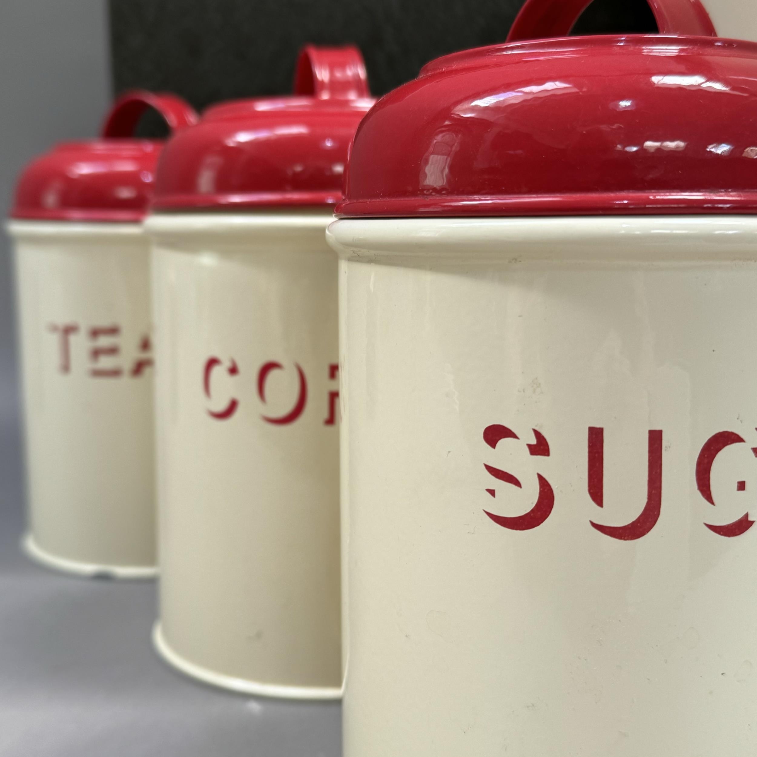 A document box, an enamelled breadbin, three enamel storage cannisters with red enamel lids - Image 2 of 2