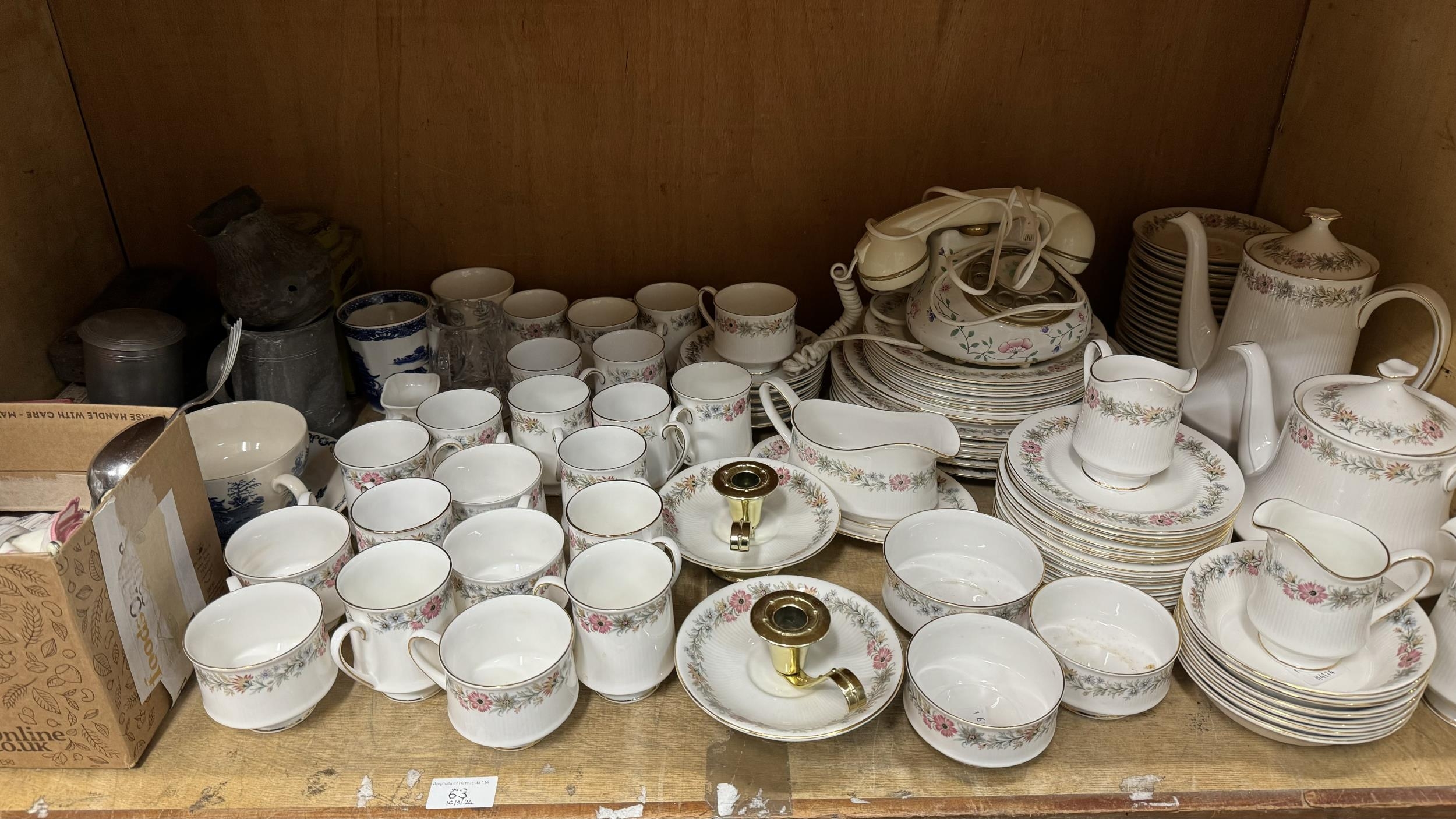 Paragon china 'Belinda' dinner, tea and coffee service, blue and white ware, pewter tankards,