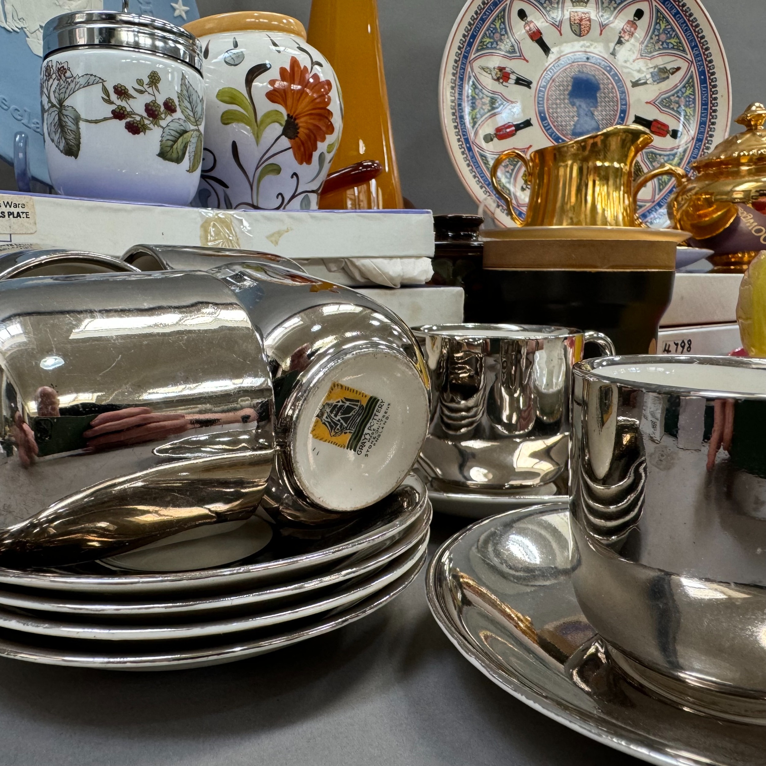 Six greys silver lustre coffee demi-tasses, a Royal Worcester ware teapot, milk jug and saucer and - Image 2 of 3